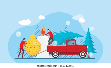 Merry Christmas and a happy new year illustration showing people lifting chrismas light in a truck. can use for landing page, web, mobile apps, ui, banner, print and social media.