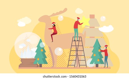 Merry Christmas and a happy new year illustration showing people decorating christmas tree. can use for landing page, web, mobile apps, ui, banner, print and social media. flat vector illustration
