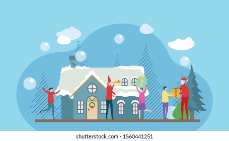 Merry Christmas and a happy new year illustration showing santa claus distributing gitf to people . flat vector illustration can use for landing page, web, mobile apps, ui, banner.