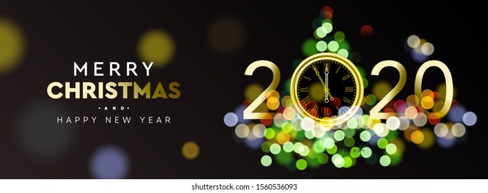 Merry Christmas and Happy New Year 2020 - horizontal banner with gold clock and Christmas tree sparkle blur bokeh effect, vector illustration