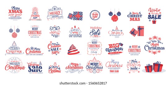 Merry Christmas Happy New Year, Typography set.logo, emblems, text design. Usable for banners, 