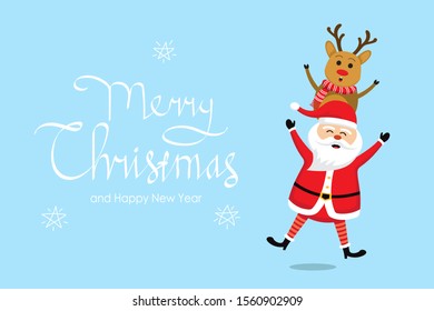 Merry Christmas and happy new year greeting card with cute Santa Claus and deer. Holiday cartoon character in winter season