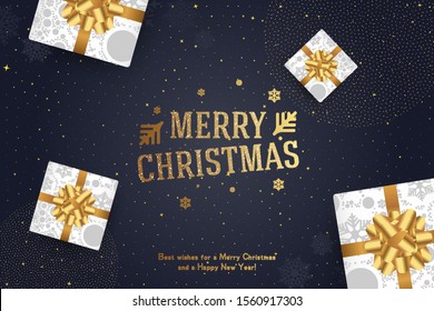 Merry Christmas and Happy New Year. Greeting card with an inscription and gifts with bows and ribbons on a black background. Flat vector illustration EPS10