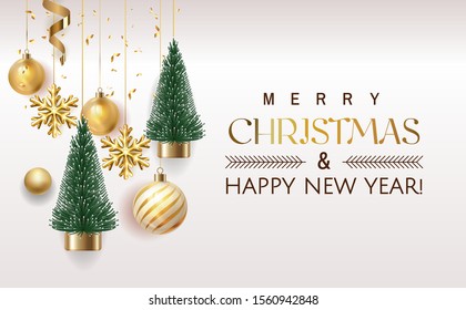 Merry Christmas and Happy New Year Holiday white banner illustration. Xmas design with realistic vector 3d objects, christmas tree, golden christmass ball, snowflake, glitter gold confetti. 