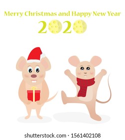 Merry Christmas and Happy New Year 2020 greeting card with funny rats,vector illustration.