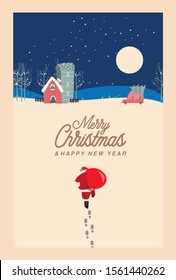 Merry Christmas and Happy New Year greeting card, vector illustration, lights garland, horizontal Christmas poster, Santa Clause & moon light. 