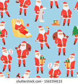 Merry Christmas and Happy New Year seamless pattern with Santa Claus and gifts, vector illustration. Santa with bag, saying ho ho, holding gifts and sitting in armchair, with latern.