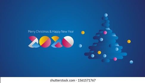 Merry Christmas Happy New Year 2020 modern future colorful design with abstract Christmas tree and numbers logo blue greeting card