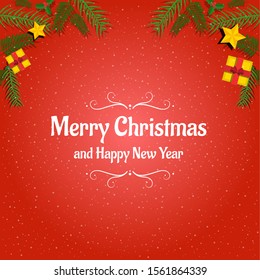 Merry Christmas and Happy New Year with Red Background Vector. Leaf Snow and Tree Gift. Ready for Poster or Flyer.