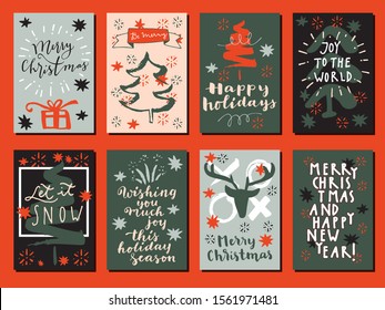 Merry Christmas, Happy New Year, Let It Snow and Happy Holidays vintage hand drawn greeting cards  in blue and red colors