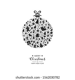 Merry Christmas and Happy New Year. Greeting card with beautiful Xmas ball and icons. Vector