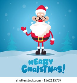 Merry Christmas and happy new year greeting card with cute Santa Claus. Holiday cartoon character vector. 