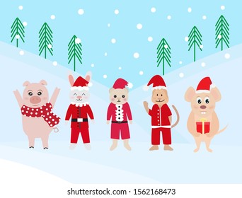 Merry Christmas and Happy New Year 2020 greeting card with funny animal,snowing background,vector illustration.