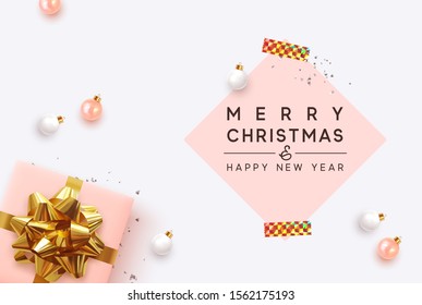 Merry Christmas and Happy New Year. Xmas background with realistic pink gift boxes, white and rose color balls. Holiday banner, poster, greeting card. Advertising flyer brochure. soft pastel colors