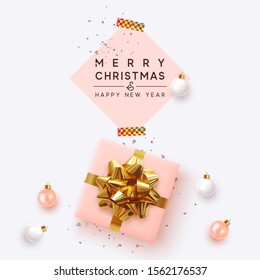 Merry Christmas and Happy New Year. Xmas background with realistic pink gift boxes, white and rose color balls. Holiday banner, poster, greeting card. Advertising flyer brochure. soft pastel colors