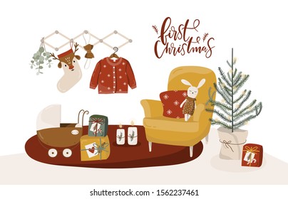 Merry Christmas and a happy new year! Vector illustration of cute nursery Christmas tree with a garland, snowflakes, kids toys and gifts. Drawings for holiday card, poster, postcard or background.