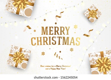 Merry Christmas and Happy New Year. Greeting card with an inscription and gifts with bows and ribbons on a white background with garland. Flat vector illustration EPS10