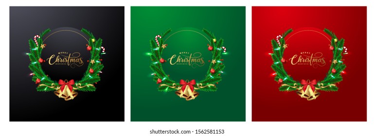 Merry christmas and Happy New Year greeting card design with top view of bauble, tree pines, stars and lighting garland decoration on 3 different color background.