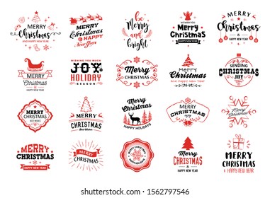 Merry Christmas and Happy New Year decoration set of typography, hand drawn, tags, logos, emblems design for invitation, greeting card, banner, label, gift.