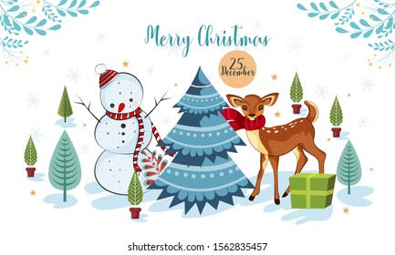 Merry Christmas and Happy New Year  with snowflakes snowman, hanging christmas ball, santa hat, deer. Vector. Vintage  design for xmas, new year emblem in retro style.