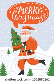 Merry Christmas and Happy New Year illustration. Funny happy Santa Claus character with fir-tree and stylish lettering. Design for postcard, invitation, poster, banner etc. Vector.