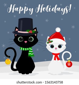 Merry christmas and happy new year. Cute couple Black and White cat in a hat and a Santa scarf and a snowman holding a Christmas toy tail. Vector, cartoon style, flat