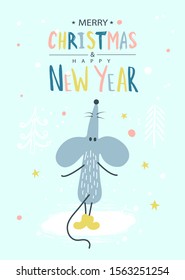 Merry Christmas and happy New year greeting card with cute mouse or rat.Concept, vector vertical editable template. The symbol of the year in the Chinese calendar. Cartoon. Vector illustration