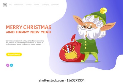 Merry Christmas and happy new year, old elf with white beard hold bag filled with sweets and candies. Winter holidays celebration with dwarf. Website or webpage template landing page flat style vector