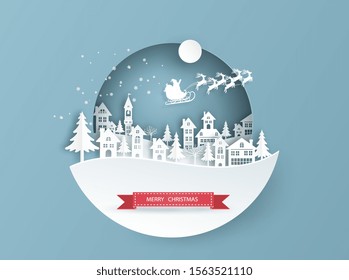 Merry Christmas or Happy New Year card in winter landscape with houses and building and Santa Claus on the sky in winter season. Vector illustration art in paper cut design.