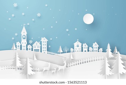 Merry Christmas or Happy New Year card in winter landscape with houses and building and Santa Claus on the sky in winter season. Vector illustration art in paper cut design.