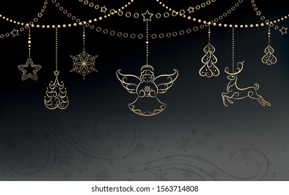 Merry Christmas and Happy New Year! Golden garlands on black background. Christmas winter holiday decoration. Design template for holiday poster, greeting cards, invitations. Vector illustration