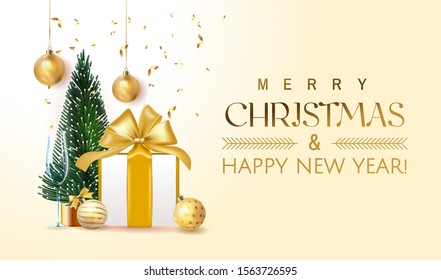 Merry Christmas and Happy New Year Holiday beige poster illustration with realistic vector 3d objects, Christmas tree, glass ball, gift boxes, gold confetti with golden paint splash with lettering