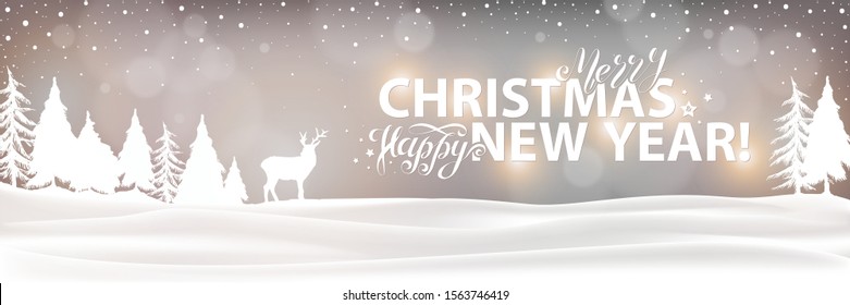 Merry Christmas & Happy New Year Banner. Happy Holidays Winter Landscape Background.Vector Xmas Card