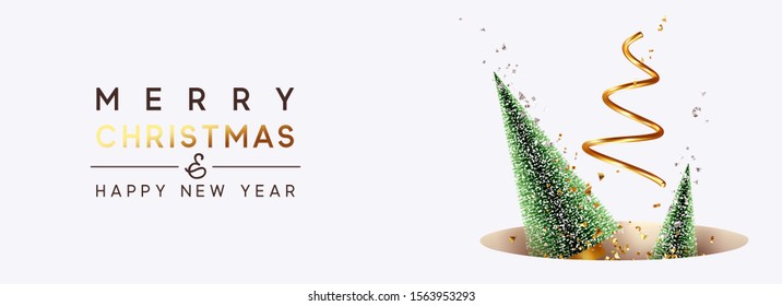 Merry Christmas and Happy New Year. Abstract minimal Xmas background with christmas lush green trees, golden glitter confetti. Horizontal banner, web poster, greeting cards, headers for website