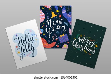 Merry Christmas and happy new year pre-made cards with lettering. Beautiful calligraphy writing with doodle illustrations. Abstract design, printable postcards with typography, posters or banner.