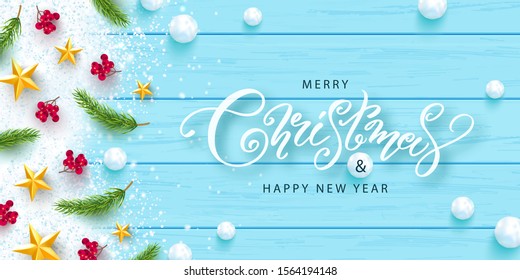 Merry Christmas and Happy New Year horizontal banner. Holiday background with golden stars, rowan, snowballs, Christmas tree branches and snow on a wooden background. Festive vector illustration.