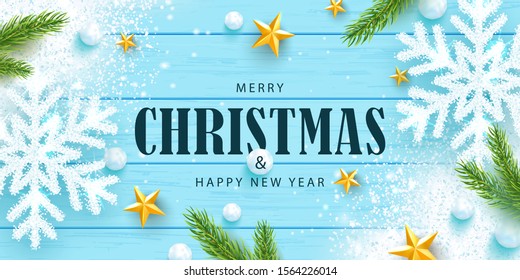 Merry Christmas and Happy New Year horizontal banner. Holiday background with sparkling snowflakes,tree branches, golden stars, snowballs and snow on a wooden background. Festive vector illustration.