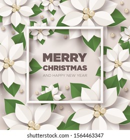 Merry Christmas and happy new year greeting card,Cream poinsettia flowers,Paper art design and craft style