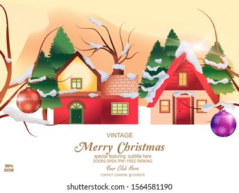 Merry Christmas and Happy New Year winter holidays banner with merry Christmas landscape. Red Christmas house among the snowy trees