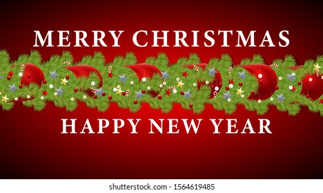 Merry Christmas and Happy New Year. Vector ornament with red balls, candy, stars and leaves