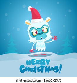Merry Christmas and Happy new year funny poster with cute monster. Vector illustration