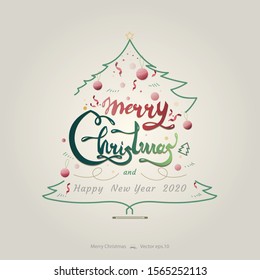 Merry Christmas and happy new year 2020 text with decoration items in Christmas tree outline on white cream background
