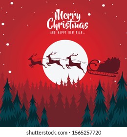 Merry Christmas and happy new year banner with Deer Pulling Santa's Sleigh in full moon night scene vector design