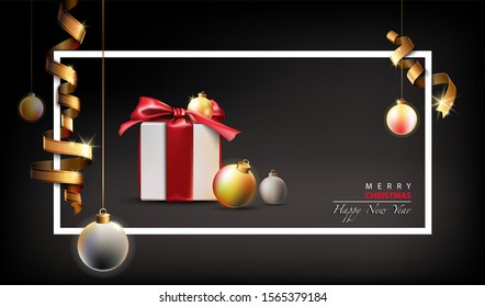 Merry Christmas and Happy New Year. Background with realistic festive white gift box with red ribbon and decorative gold balls. Xmas Gift Surprise. Hanging gold shiny ribbons. Invitation greeting card