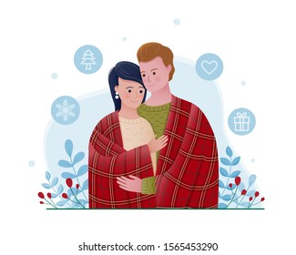 Merry Christmas and Happy New Year vector illustration, two friends or couple hugging together under red plaid blanket warm each other.
