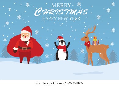 Merry Christmas and happy new year with cute  penguin,
Deer and santa Holidays cartoon character vector.