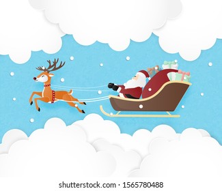 Merry Christmas and Happy new year greeting card in paper cut style. Vector illustration Christmas celebration background with Santa Claus and reindeer. Banner, flyer, poster, wallpaper.