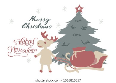 Merry Christmas and Happy New Year, vintage inscription, decorative hand-made card with Christmas tree, bag of gifts, deer, Santa Claus sledding on a light background and snowflakes.
