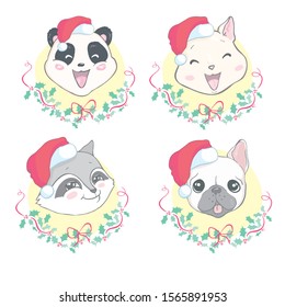 Merry Christmas and happy new year. Set Animal head dog, raccoon, panda, cat with santa hat. Vector character hand drawn illustration isolated on white background