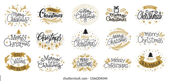 Merry Christmas And Happy New Year Hand Drawn Gold Black Lettering Text Set. Typography Greeting Cards. Wishing Handwritten Calligraphic Postcard. Winter Holiday Poster Xmas Banner Vector Illustration